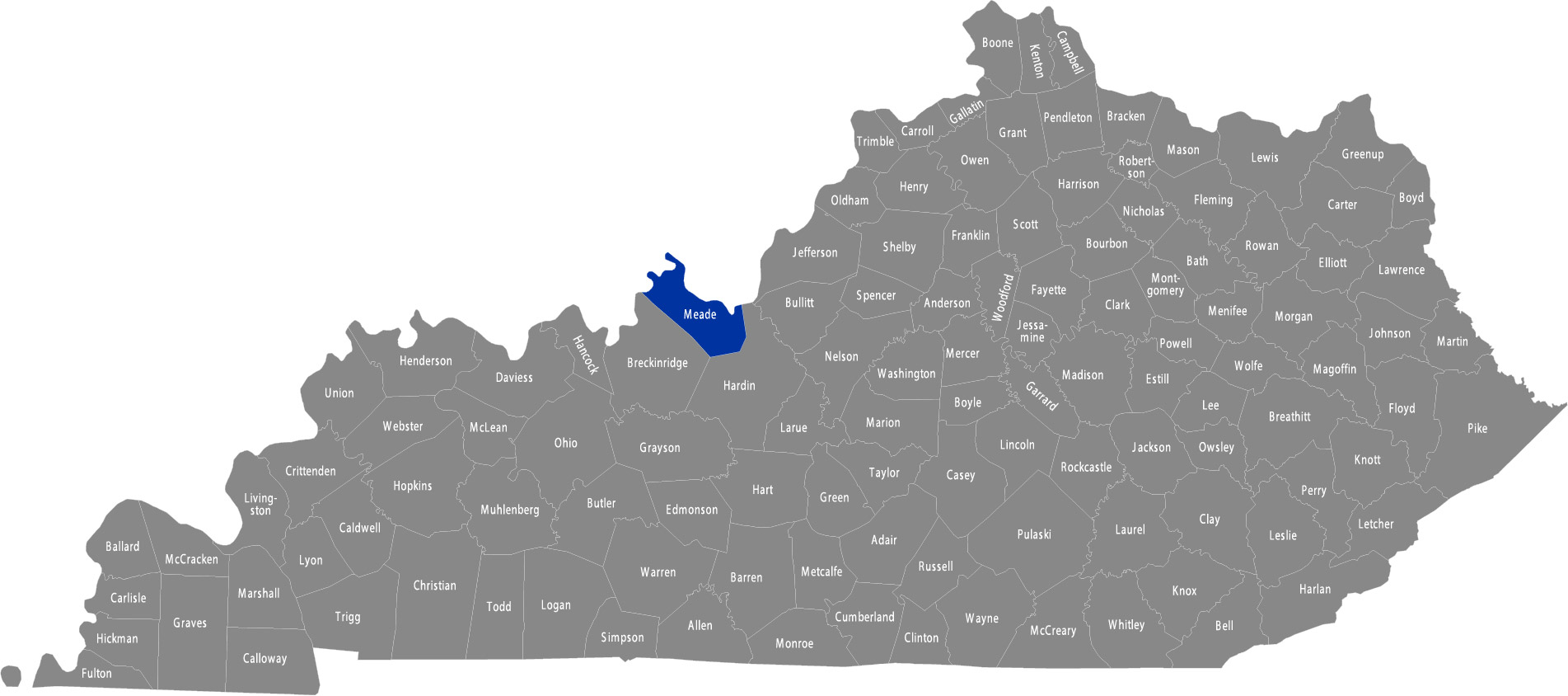 State of Kentucky map with Meade County highlighted