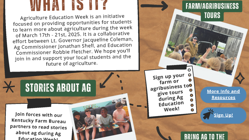 graphic with flyer requesting guest speakers and ag site hosts for educational programs during KY Ag week